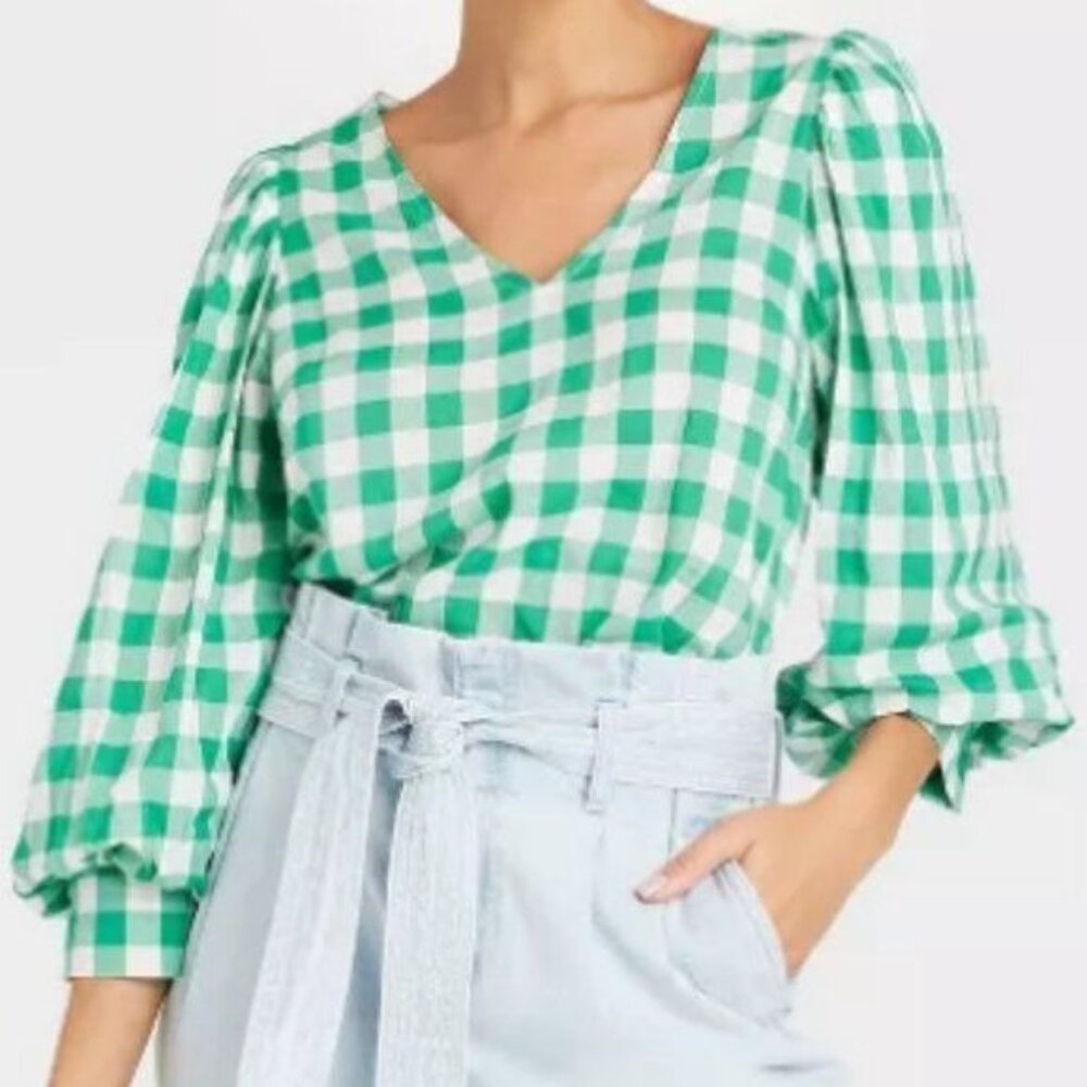 A New Day Green Gingham Check Blouse Womens Size Medium V-Neck Puff Sleeve NEW